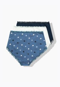 Tre paia di mutandine femminili in stampa floreale blu, bianco uniforme e blu navy uniforme, ciascuna rifinita con pizzo nella vita e nei lati.