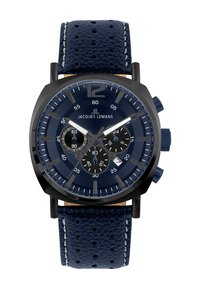 Orologio cronografo blu navy con cinturino in pelle testurizzata, cassa in acciaio inossidabile nero e quadrante multi-dial con segnature e accenti bianchi.