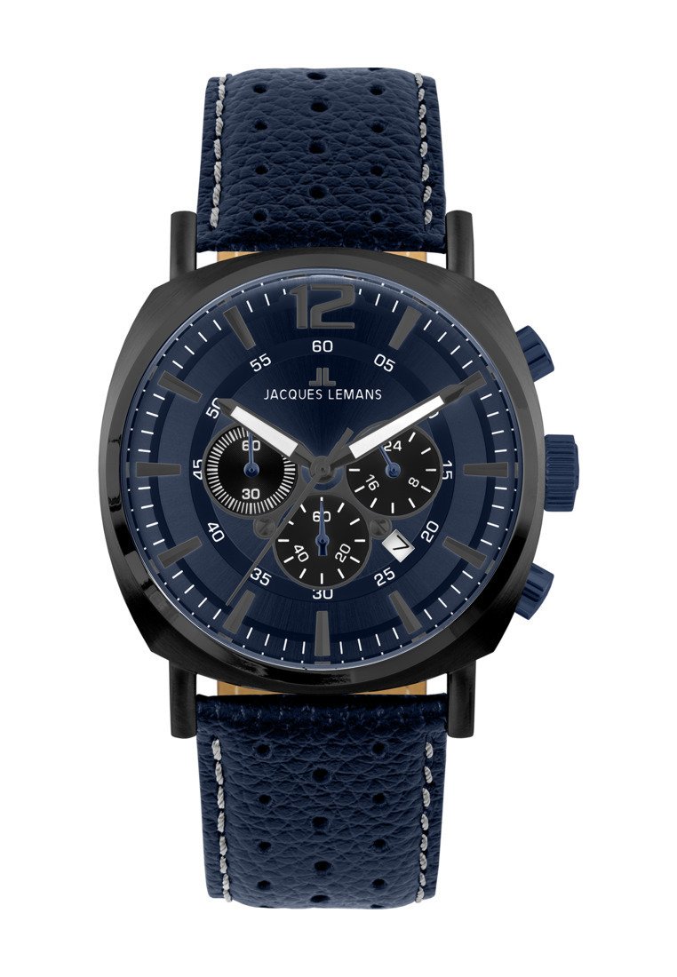 Orologio cronografo blu navy con cinturino in pelle testurizzata, cassa in acciaio inossidabile nero e quadrante multi-dial con segnature e accenti bianchi.