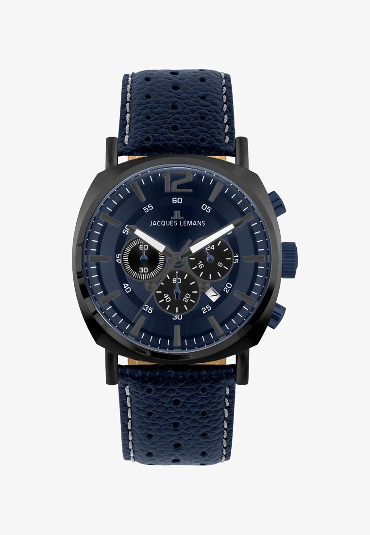 Orologio cronografo blu navy con cinturino in pelle testurizzata, cassa in acciaio inossidabile nero e quadrante multi-dial con segnature e accenti bianchi.