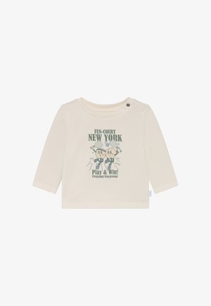 Jasnobeżowa, długorękawowa koszula wykonana z miękkiego materiału, zdobiona zabawną grafiką przedstawiającą postaci trzymające wiosła oraz napisem "FUN-COURT NEW YORK".