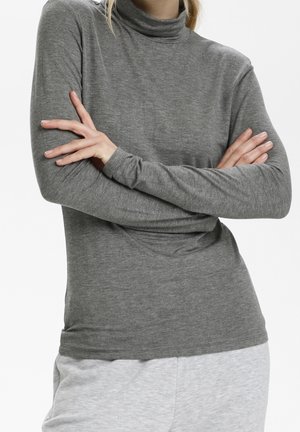 Szary, długi rękaw, golf wykonany z miękkiego materiału. Charakteryzuje się prostym krojem, dopasowanym fasonem i gładką fakturą.