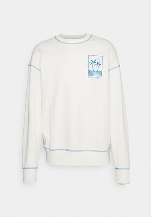 Sudadera blanca con costuras azules, con un gráfico frontal de dos palmeras y el texto "GOOD TIMES". Corte holgado y diseño de cuello redondo.