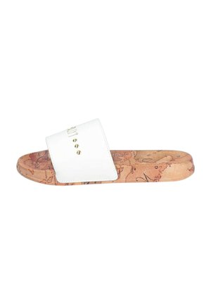 Infradito bianche con una larga fascia superiore e piccoli dettagli dorati. La soletta in sughero testurizzato presenta un motivo a mappa. Design piatto con punta arrotondata.