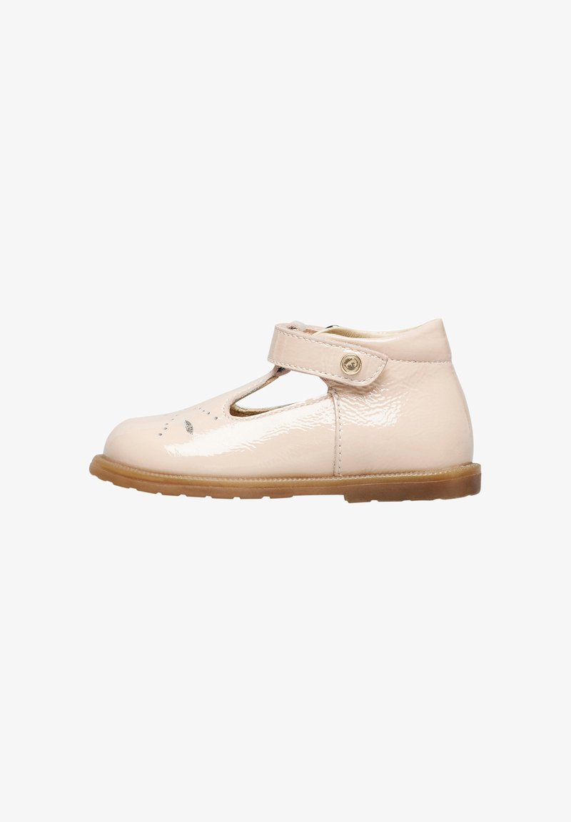 Scarpe in pelle sintetica rosa chiaro con design a T-strap, ritagli sui lati, punta arrotondata e suola in gomma flessibile e lavorata.