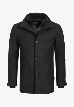 Black wool coat featuring a high collar, single-breasted button closure, side pockets, and ribbed cuffs, with a smooth texture.