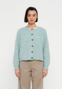 Ανοιχτό μπλε ριμπ πλεκτή ζακέτα με στρογγυλή λαιμόκοψη και κούμπωμα με κουμπιά στο μπροστινό μέρος, με καφέ κουμπιά και μακριά μανίκια, φορεμένη πάνω από ένα κίτρινο τοπ.