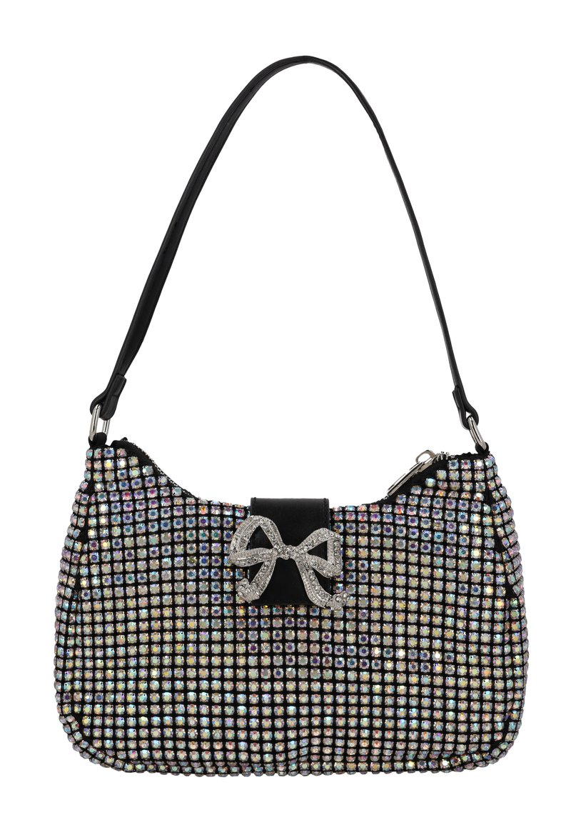 Borsa nera decorata con strass multicolori, con pannello piatto nero e dettaglio a fiocco. Tracolla singola; chiusura con zip.