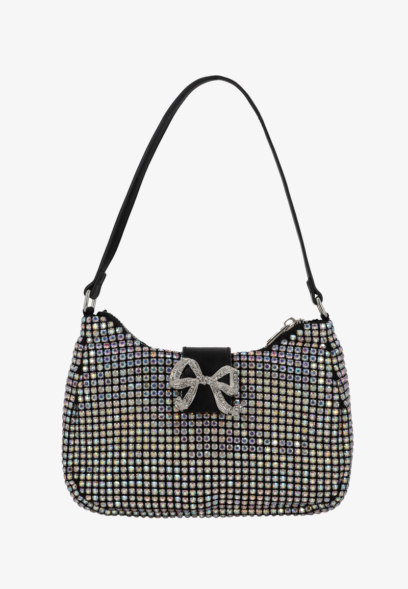 Borsa nera decorata con strass multicolori, con pannello piatto nero e dettaglio a fiocco. Tracolla singola; chiusura con zip.