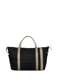 Schwarze Stoff-Duffel-Tasche mit beigefarbenen, geprägten Riemen, doppelten Obergriffen und Reißverschlüssen. Schlankes, rechteckiges Design mit glatter Textur.