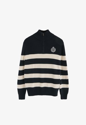 Maglione lavorato a maglia a righe blu navy e crema con collo alto e mezza cerniera, con una toppa con logo sul petto. Tessuto morbido e bordi a coste.