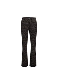Sorte flagrende bukser med et chevronmønster i brun og guld. Har en tætsiddende talje og slanke ben med et struktureret stof.
