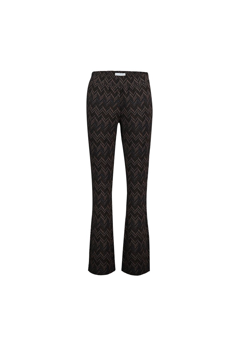 Sorte flagrende bukser med et chevronmønster i brun og guld. Har en tætsiddende talje og slanke ben med et struktureret stof.