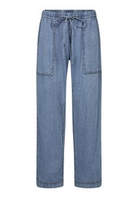 Gaiši zili denima bikses ar brīvu piegriezumu, ar elastīgu jostasvietu un auklu, kā arī divām lielām sānu kabatām.