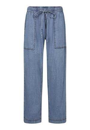 Pantaloni in denim azzurro chiaro con vestibilità rilassata, caratterizzati da una vita elastica con cordoncino e due grandi tasche laterali.