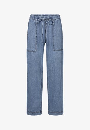 Pantaloni din denim bleu deschis cu o croială lejeră, cu un tiv elastic și șnur, și două buzunare laterale mari.