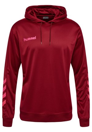 Rode hoodie van gladde stof, met een roze logo op de borst en roze chevronpatronen op de mouwen. Aansnoerbare capuchon.