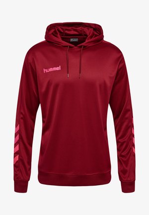 Roter Hoodie aus glattem Stoff mit einem rosa Logo auf der Brust und rosa Zickzackmustern an den Ärmeln. Verstellbare Kordelzugkapuze.