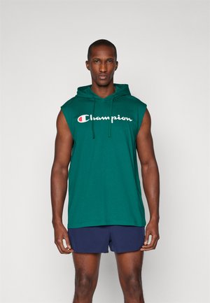 Grünes ärmelloses Hoodie aus Baumwolle, mit einer Kordel und einem weißen "Champion"-Logo auf der Brust. Schlichter Stil, lockere Passform.