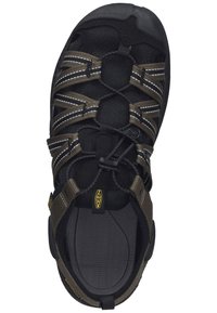 Schwarze und olivgrüne, wasserabweisende Sandale mit elastischen Schnürsenkeln, strukturiertem Fußbett, Gummisohle und gepolsterten Riemen für zusätzlichen Komfort.