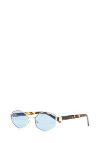Occhiali da sole ottagonali con tonalità blu, montatura in metallo dorato e aste con motivo tartaruga. Presentano cuscinetti nasali per il comfort.