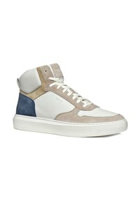 Wysokie sneakersy z połączenia białej skóry, szarego zamszu i niebieskich akcentów. Okrągły czubek, płaska podeszwa i system sznurowania. Miękka tekstura.