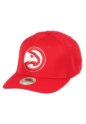Red cap with a curved brim, featuring a white embroidered logo of a hawk on the front. Made from a textured fabric.