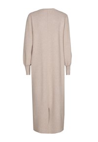 Langes beige Kleid aus weichem Material, mit Ballonärmeln und einem Schlitz hinten für mehr Bewegungsfreiheit, in einem klaren, schlichten Design.