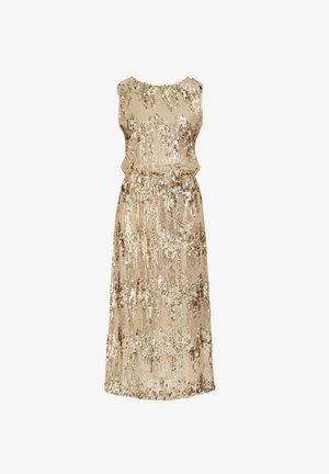 Robe beige à sequins avec un design sans manches, présentant des lignes verticales de sequins et une taille cintrée pour une jupe fluide. Longueur mi-mollet.