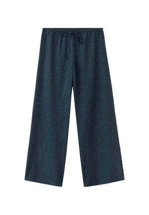 Pantalones de pierna ancha de color azul oscuro con cintura elástica y cordón ajustable anudado delante.