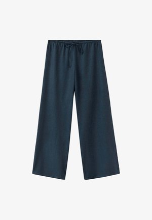 Pantalon bleu foncé à jambes larges avec taille élastique et cordon noué à l'avant.