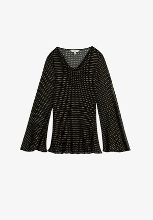 Black long-sleeve blouse with small gold and beige floral pattern, flared sleeves, and a scoop neckline.