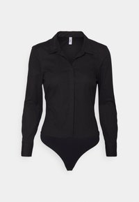 Body nero a maniche lunghe con colletto camicia, patta frontale e fondo a perizoma. Realizzato in tessuto morbido con silhouette aderente.