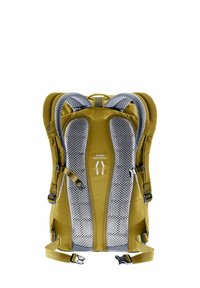 Zaino giallo con imbottitura in rete grigia su spallacci e schienale, con spallacci e fibbie regolabili. Design leggero per il comfort.