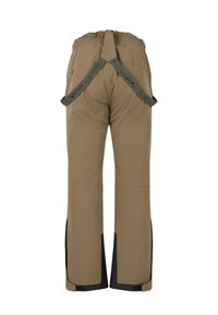 Braune Skihose mit einem elastischen Bund und verstellbaren Trägern. Verfügt über schwarze Akzente am Saum und verstärkte Nähte.