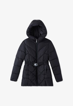 Giubbotto nero imbottito con cappuccio, dotato di zip frontale, cintura elastica con fibbia rotonda e motivo trapuntato a zigzag.