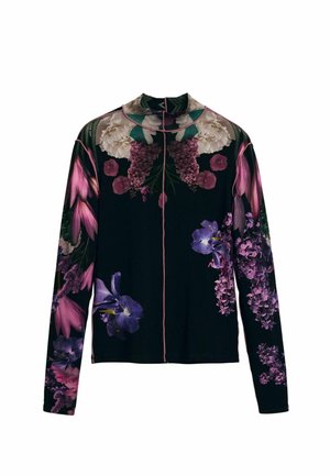 Long-sleeve top with a high collar featuring a floral print in purple and pink on a black background; zipper closure at the front.