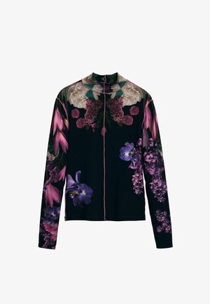 Long-sleeve top with a high collar featuring a floral print in purple and pink on a black background; zipper closure at the front.