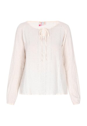 Weiße Bluse mit langen Ärmeln und rundem Ausschnitt, mit Frontbindebändern, strukturiertem Stoff und vertikalen Streifen mit kleinen Akzenten.