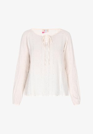 Weiße Bluse mit langen Ärmeln und rundem Ausschnitt, mit Frontbindebändern, strukturiertem Stoff und vertikalen Streifen mit kleinen Akzenten.