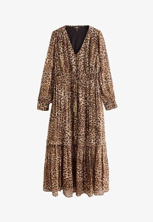 Midi-Kleid mit langen Ärmeln, braun-schwarzem Leopardenmuster, V-Ausschnitt, elastischer Taille mit Bindeband und gestuftem Rüschen-Saum.