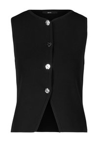 Bezrukávý černý cardigan s kulatým výstřihem a čtyřmi lesklými stříbrnými knoflíky vpředu, mírně rozepnutý na spodní části.
