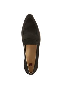 Black suede loafer with a pointed toe, featuring a stitched band across the upper and a smooth, beige insole. No visible hardware.
