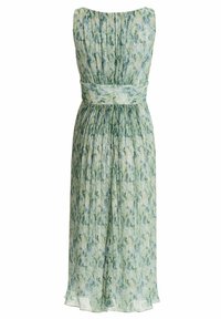 Robe midi sans manches plissée avec motif floral vert et bleu et large ceinture, en tissu léger semi-transparent.