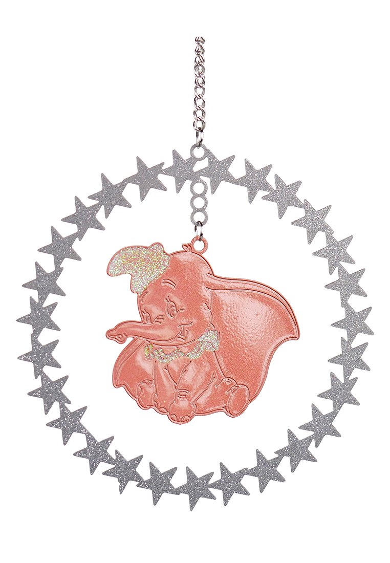 Dumbo ornament met een metalen roségouden afwerking, omringd door een cirkelontwerp van zilveren sterren. Inclusief een ophangketting voor weergave.