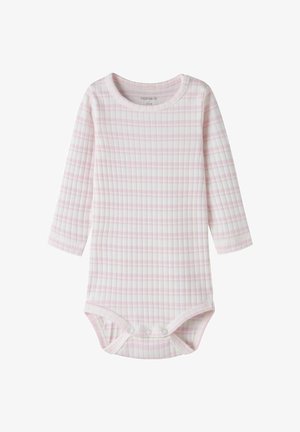 Body bébé à manches longues côtelé blanc avec des rayures horizontales rose clair et des boutons pression à l'entrejambe.