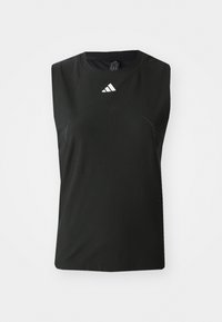 Crna bezrukavna atletska majica izrađena od prozračnog materijala s mrežastim detaljima i bijelim Adidas logotipom na prednjem dijelu.