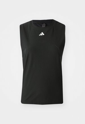 Top atletico senza maniche in nero, realizzato in tessuto traspirante, con dettagli in rete e un logo Adidas bianco nella zona del petto.