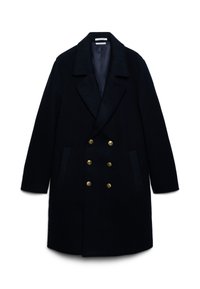 Cappotto blu navy in misto lana con design doppiopetto, ampio colletto, due tasche frontali e bottoni dorati. Texture liscia, forma sartoriale.