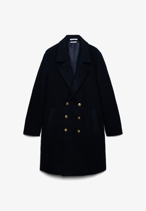 Manteau en mélange de laine bleu marine avec un design à double boutonnage, grand col, deux poches avant et boutons dorés. Texture lisse, coupe ajustée.